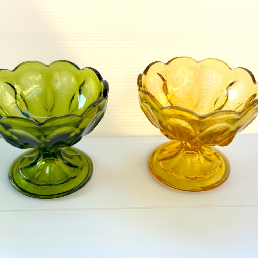 Vintage Pressed Glass Dessert Cups Olive Green Amber